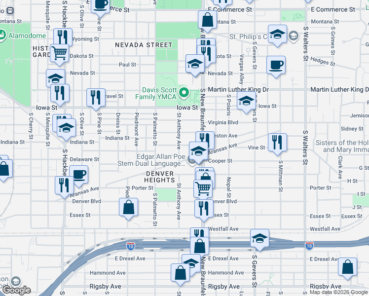map of restaurants, bars, coffee shops, grocery stores, and more near 210 Dumoulin Avenue in San Antonio
