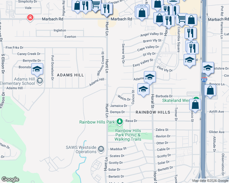 map of restaurants, bars, coffee shops, grocery stores, and more near 138 Stapleton Street in San Antonio