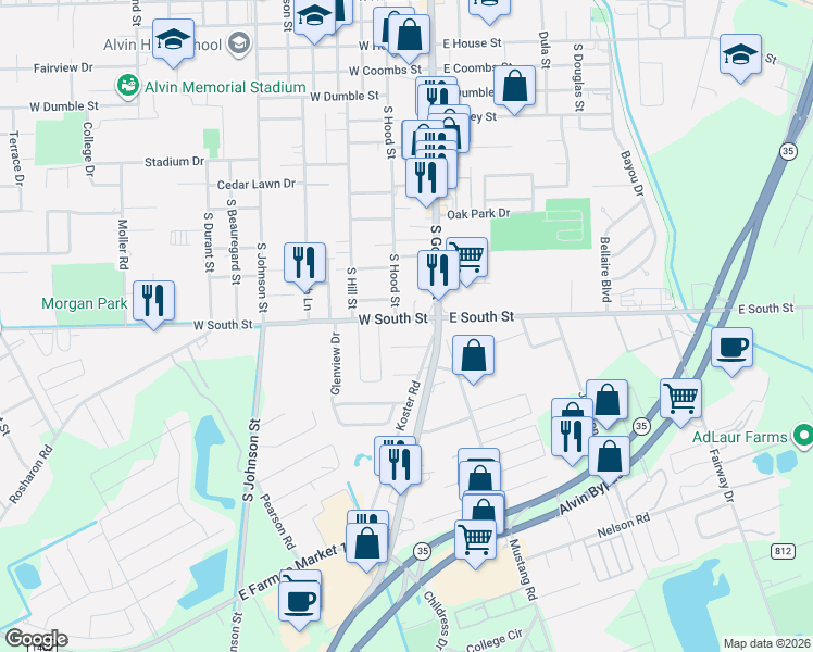 map of restaurants, bars, coffee shops, grocery stores, and more near 227 West South Street in Alvin
