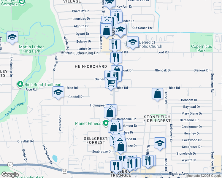 map of restaurants, bars, coffee shops, grocery stores, and more near 748 Rice Road in San Antonio
