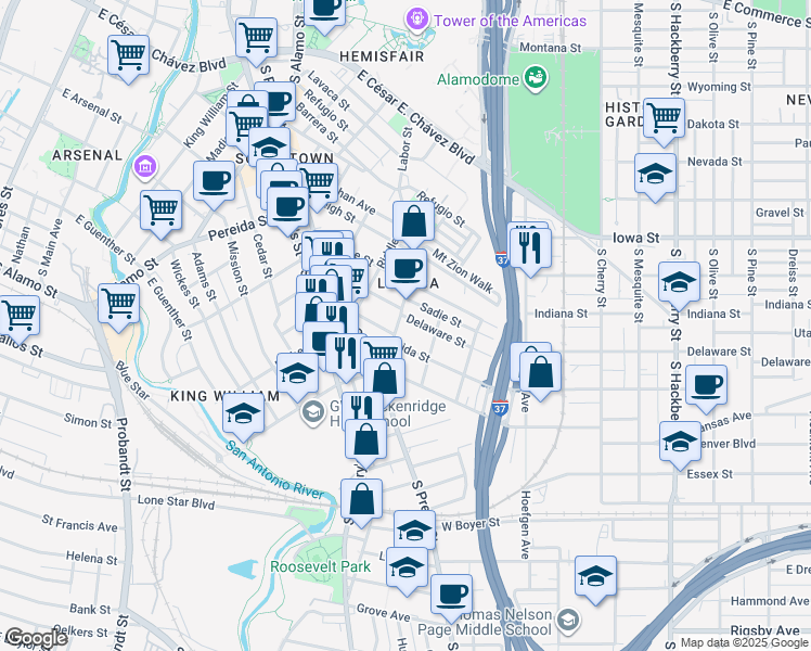 map of restaurants, bars, coffee shops, grocery stores, and more near 108 Delaware Street in San Antonio