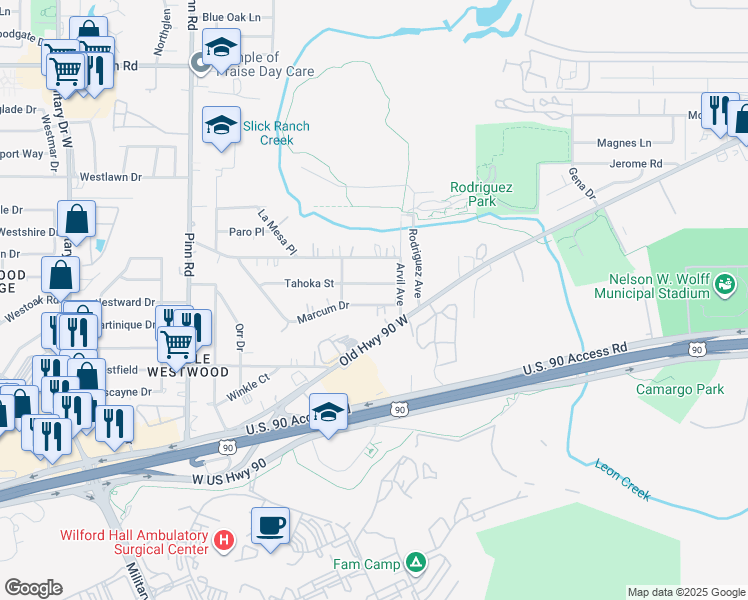 map of restaurants, bars, coffee shops, grocery stores, and more near 6427 Marcum Drive in San Antonio