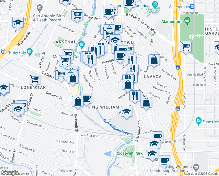 map of restaurants, bars, coffee shops, grocery stores, and more near 427 Mission Street in San Antonio