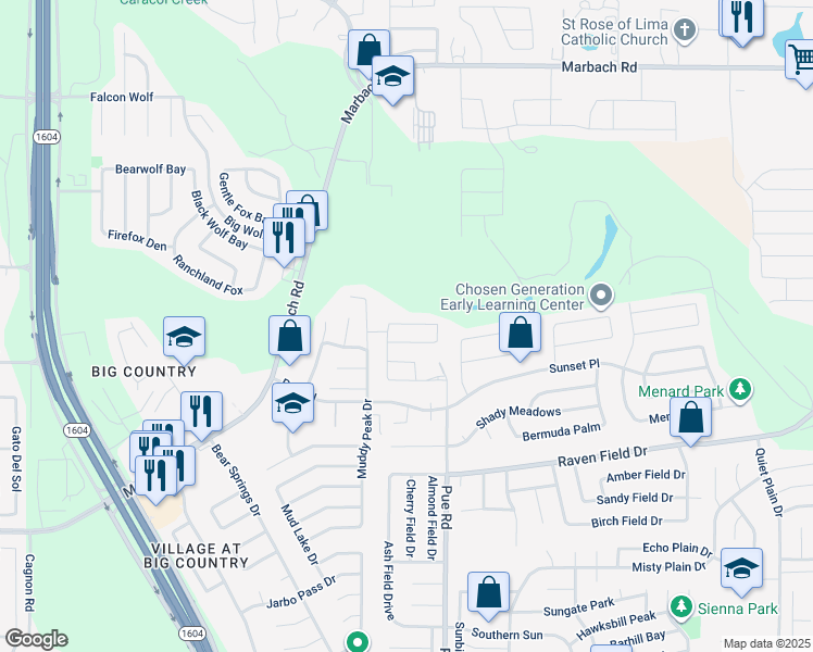 map of restaurants, bars, coffee shops, grocery stores, and more near 2403 Pue Road in San Antonio