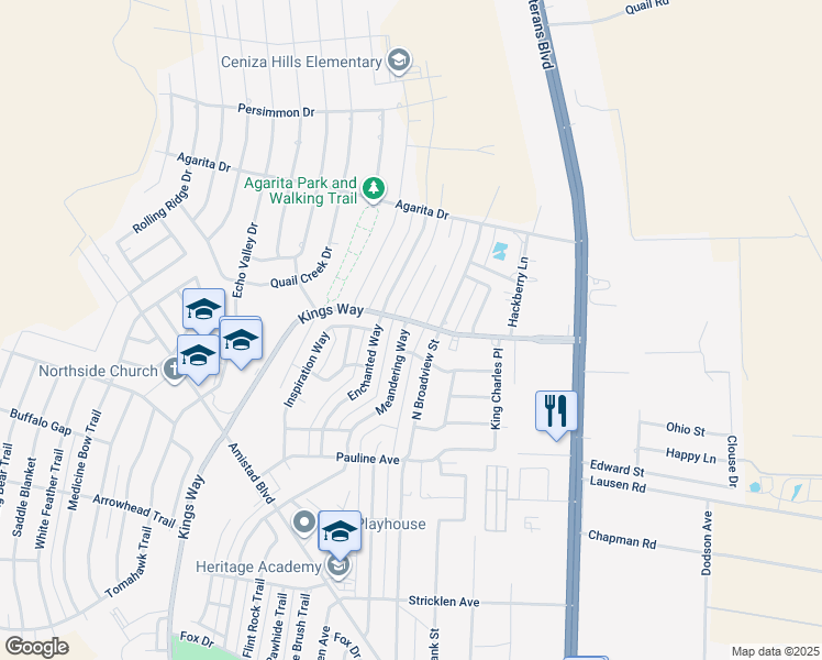 map of restaurants, bars, coffee shops, grocery stores, and more near 325 Meandering Way in Del Rio
