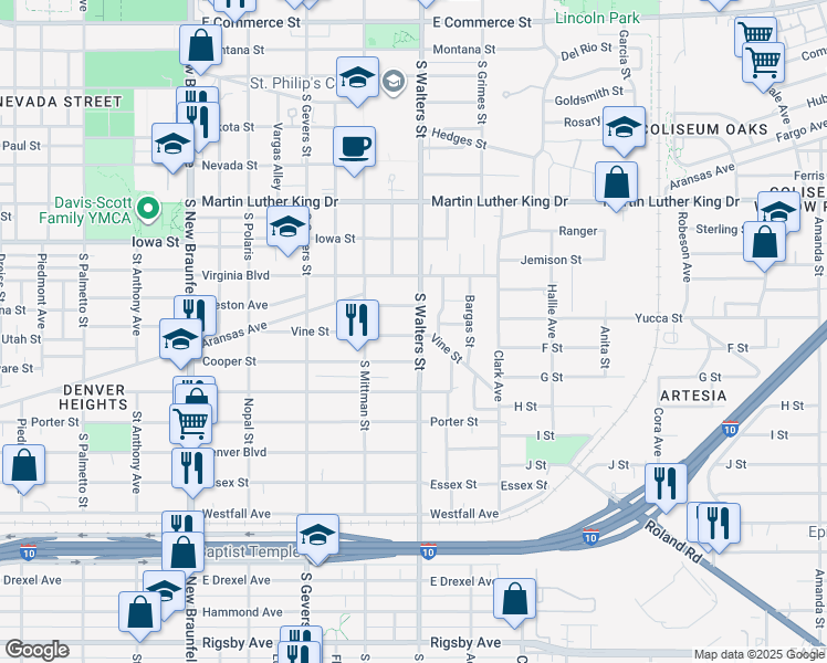 map of restaurants, bars, coffee shops, grocery stores, and more near 347 Vine Street in San Antonio