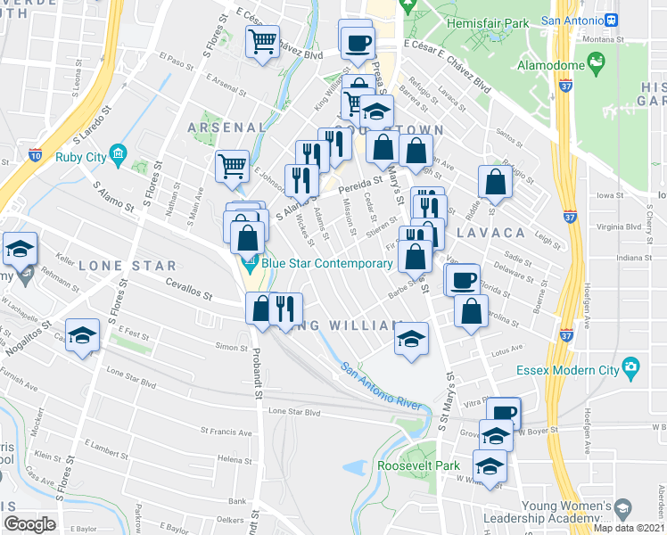 map of restaurants, bars, coffee shops, grocery stores, and more near 311 Adams Street in San Antonio