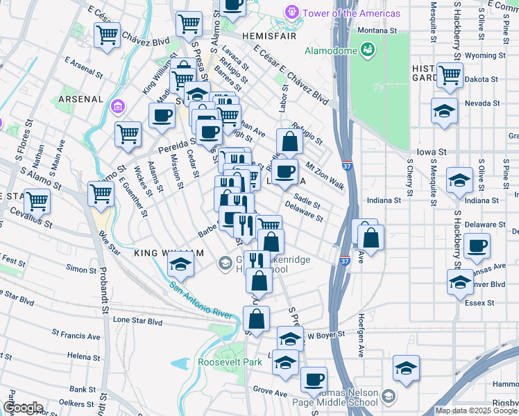map of restaurants, bars, coffee shops, grocery stores, and more near 214 Vance Street in San Antonio