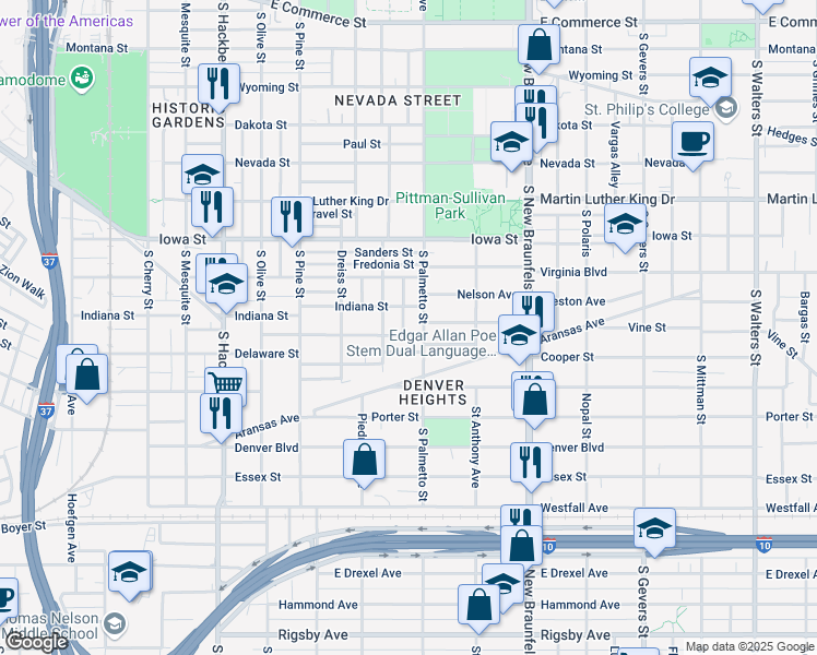 map of restaurants, bars, coffee shops, grocery stores, and more near 218 Shenandoah Street in San Antonio