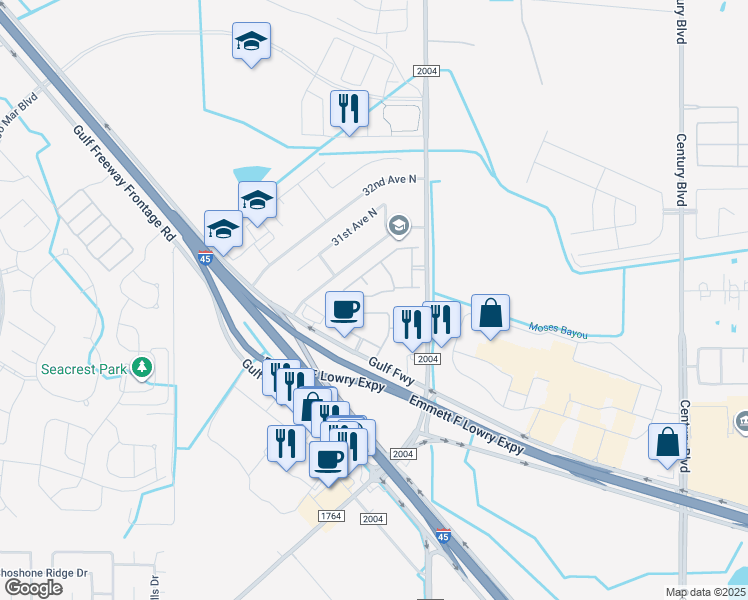 map of restaurants, bars, coffee shops, grocery stores, and more near 11225 30th Avenue North in Texas City