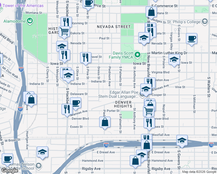 map of restaurants, bars, coffee shops, grocery stores, and more near 225 Utah Street in San Antonio