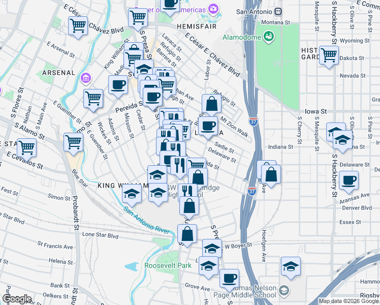 map of restaurants, bars, coffee shops, grocery stores, and more near 214 Vance Street in San Antonio