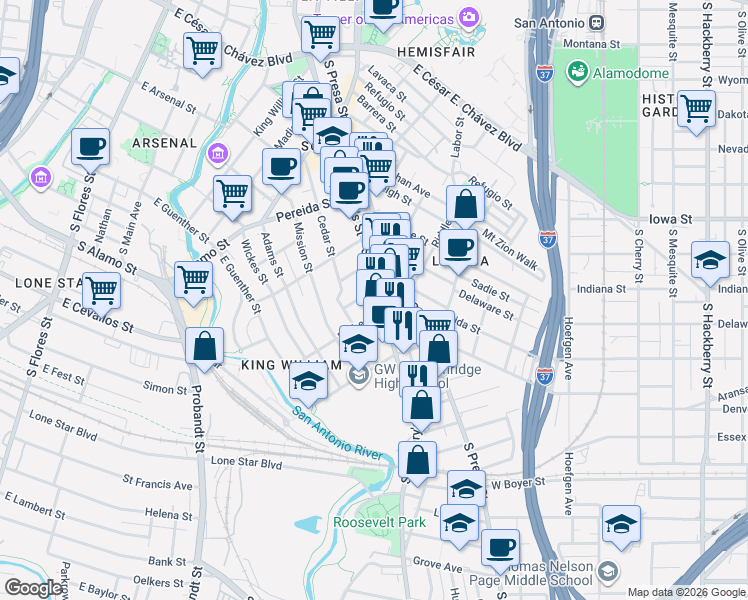 map of restaurants, bars, coffee shops, grocery stores, and more near 1318 South Saint Mary's Street in San Antonio