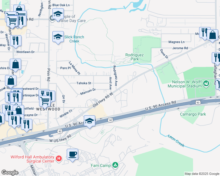 map of restaurants, bars, coffee shops, grocery stores, and more near 6301 Enrique M. Barrera Parkway in San Antonio