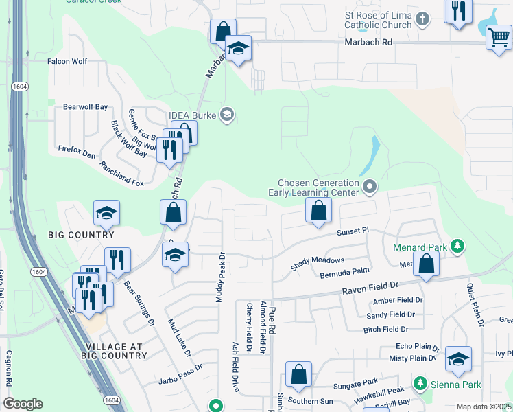 map of restaurants, bars, coffee shops, grocery stores, and more near 2403 Pue Road in San Antonio