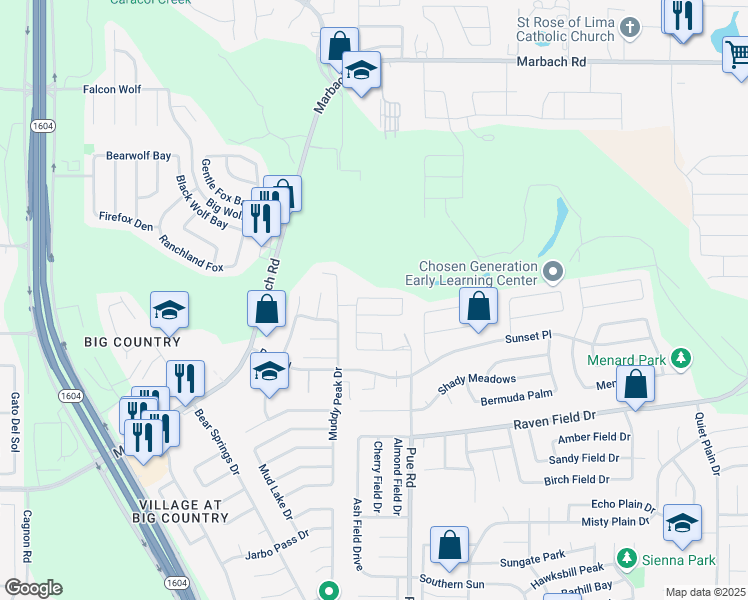 map of restaurants, bars, coffee shops, grocery stores, and more near 2403 Pue Road in San Antonio