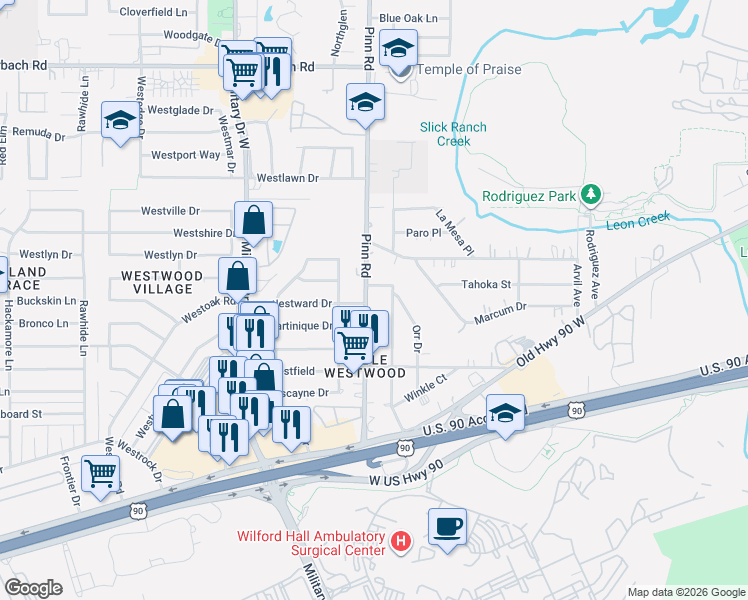 map of restaurants, bars, coffee shops, grocery stores, and more near 2214 Pinn Rd in San Antonio