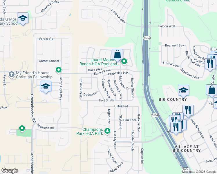 map of restaurants, bars, coffee shops, grocery stores, and more near 2151 Opelousas Tr in San Antonio