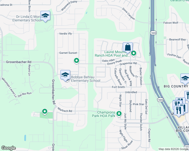 map of restaurants, bars, coffee shops, grocery stores, and more near 2215 Rosillos Peak in San Antonio