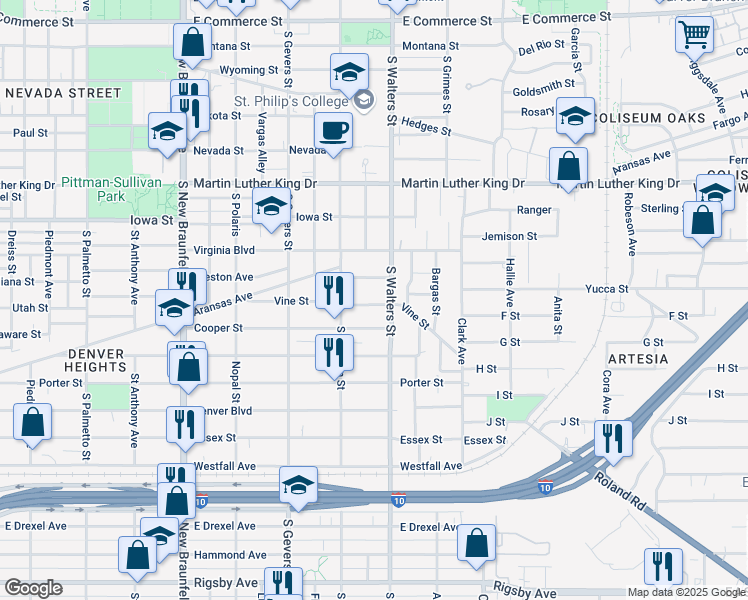 map of restaurants, bars, coffee shops, grocery stores, and more near 335 Vine Street in San Antonio