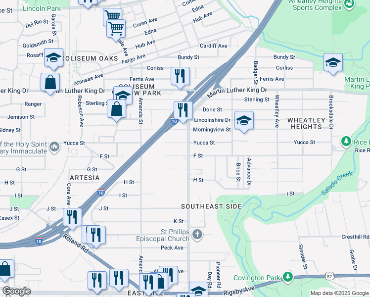 map of restaurants, bars, coffee shops, grocery stores, and more near 611 Pecan Valley Drive in San Antonio