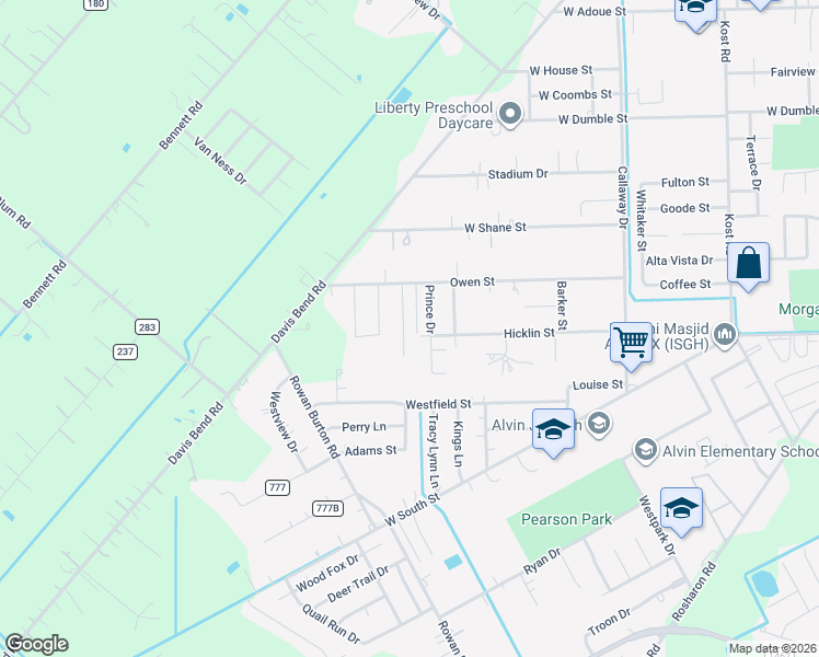 map of restaurants, bars, coffee shops, grocery stores, and more near 1621 Crown Drive in Alvin