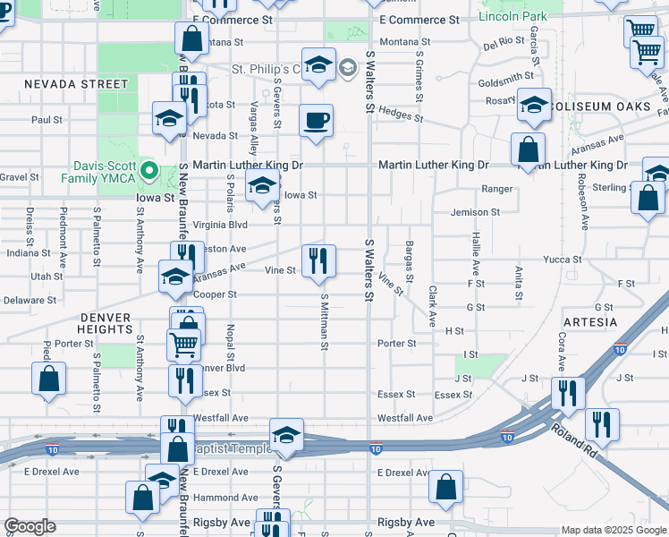 map of restaurants, bars, coffee shops, grocery stores, and more near 311 Vine Street in San Antonio