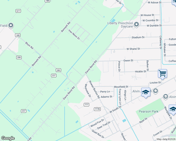 map of restaurants, bars, coffee shops, grocery stores, and more near 2210 County Road 179 in Alvin