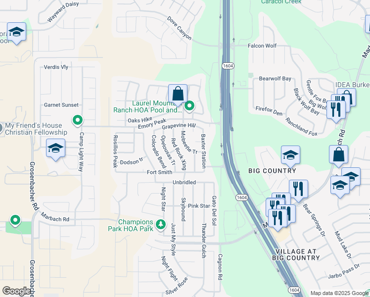 map of restaurants, bars, coffee shops, grocery stores, and more near 2219 Mobeetie Tr in San Antonio