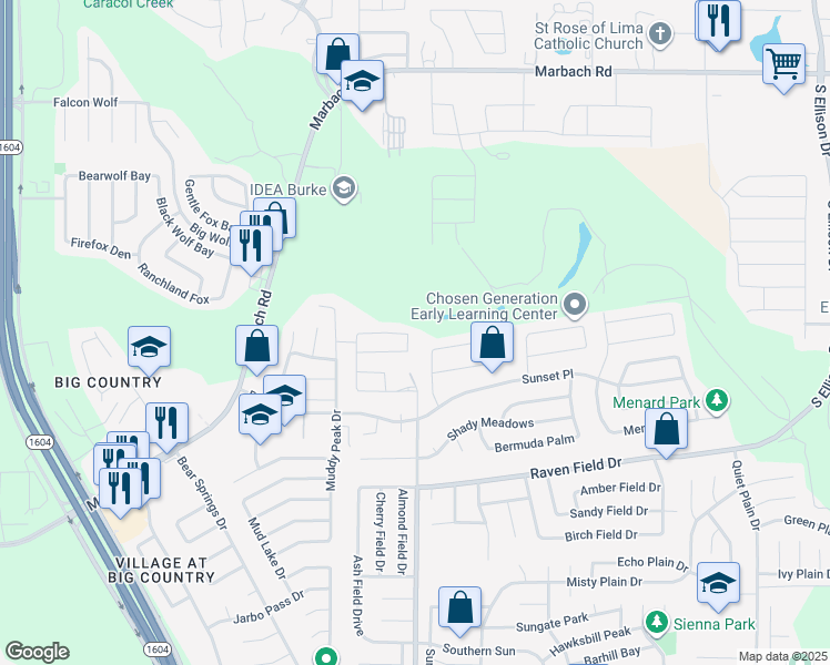 map of restaurants, bars, coffee shops, grocery stores, and more near 10187 Bastrop Creek in San Antonio
