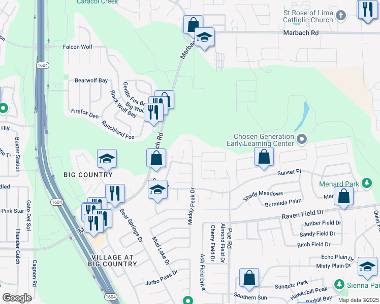 map of restaurants, bars, coffee shops, grocery stores, and more near 1934 Muddy Peak Drive in San Antonio