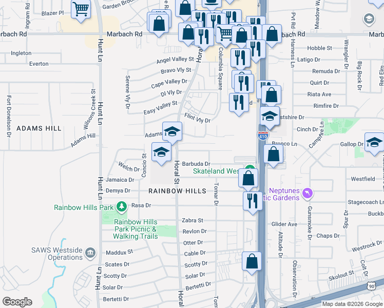 map of restaurants, bars, coffee shops, grocery stores, and more near 318 Stimmel Drive in San Antonio