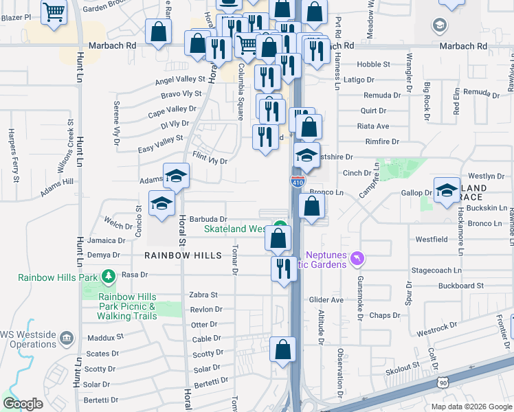 map of restaurants, bars, coffee shops, grocery stores, and more near 218 Stimmel Drive in San Antonio