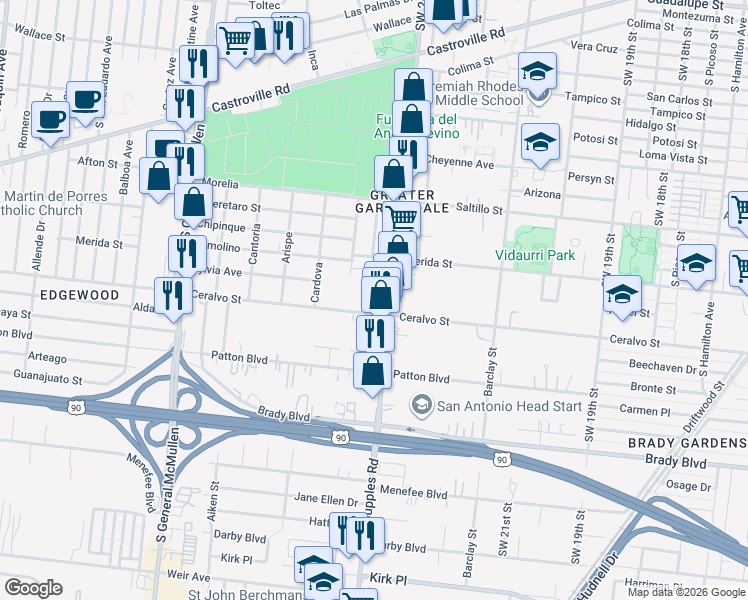 map of restaurants, bars, coffee shops, grocery stores, and more near 1501 Ceralvo Street in San Antonio