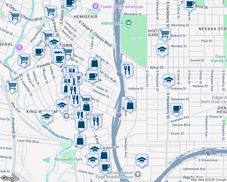 map of restaurants, bars, coffee shops, grocery stores, and more near 15 Boerne Street in San Antonio