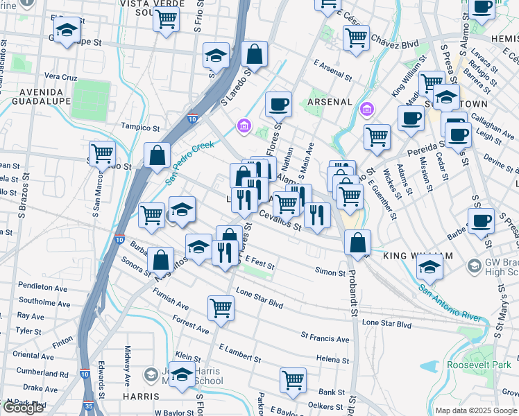 map of restaurants, bars, coffee shops, grocery stores, and more near 1430 South Flores Street in San Antonio
