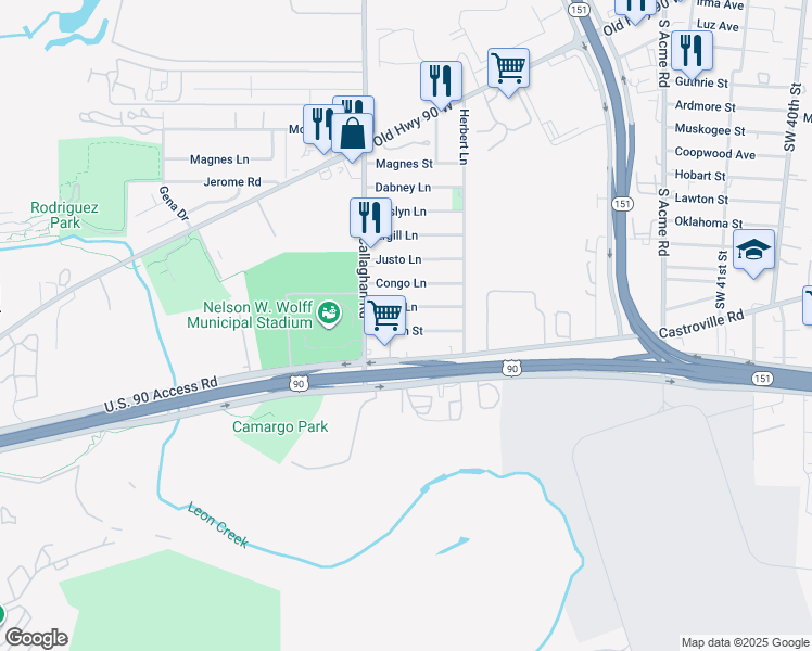 map of restaurants, bars, coffee shops, grocery stores, and more near 5455 Zupan Street in San Antonio