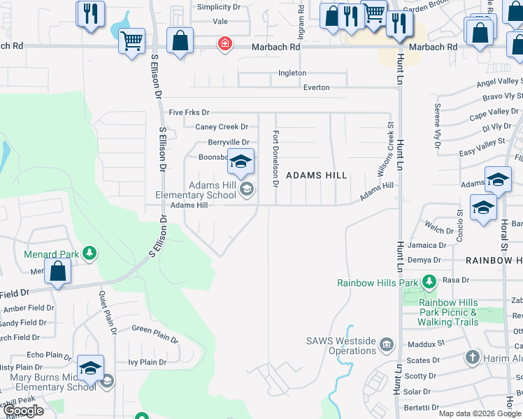 map of restaurants, bars, coffee shops, grocery stores, and more near 2100 Mossy Creek Drive in San Antonio