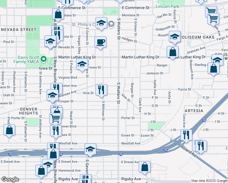 map of restaurants, bars, coffee shops, grocery stores, and more near 347 Vine Street in San Antonio