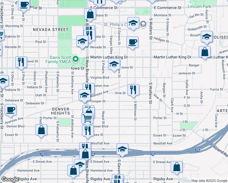 map of restaurants, bars, coffee shops, grocery stores, and more near 139 Vine Street in San Antonio