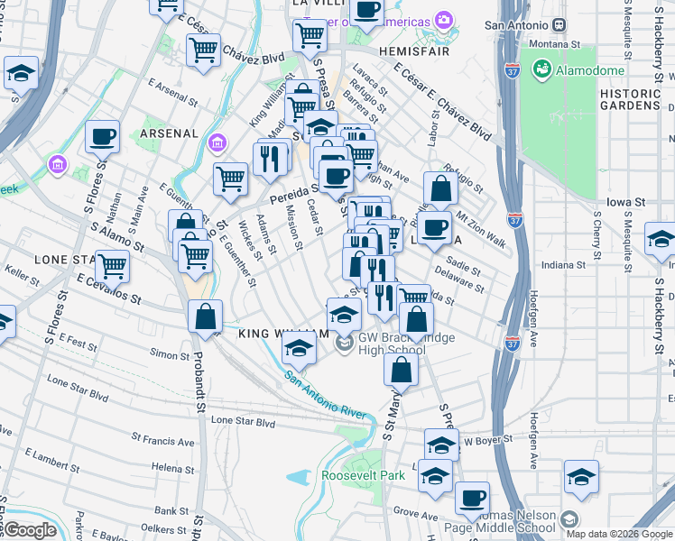 map of restaurants, bars, coffee shops, grocery stores, and more near 227 Claudia Street in San Antonio