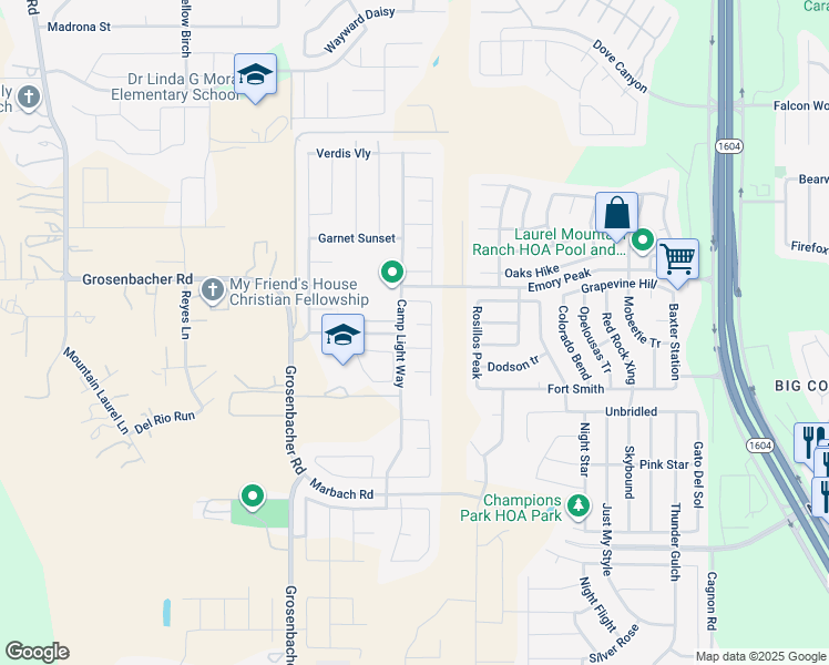 map of restaurants, bars, coffee shops, grocery stores, and more near 11604 Hidden Terrace in San Antonio