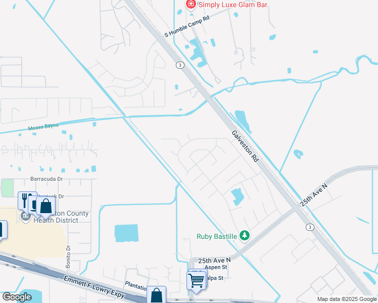map of restaurants, bars, coffee shops, grocery stores, and more near 3018 Ruby Drive in Texas City