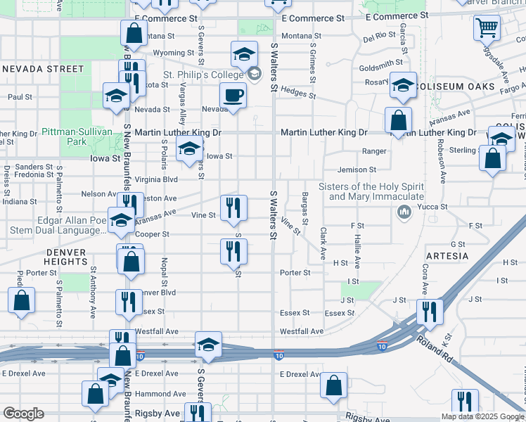 map of restaurants, bars, coffee shops, grocery stores, and more near 347 Vine Street in San Antonio