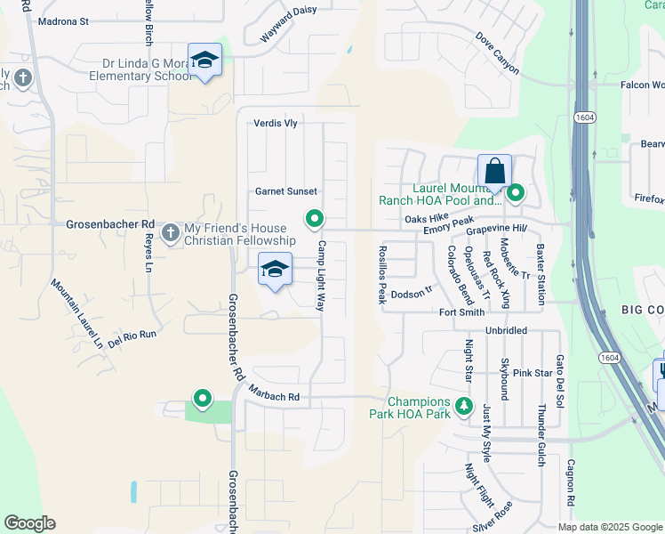 map of restaurants, bars, coffee shops, grocery stores, and more near 11604 Hidden Terrace in San Antonio