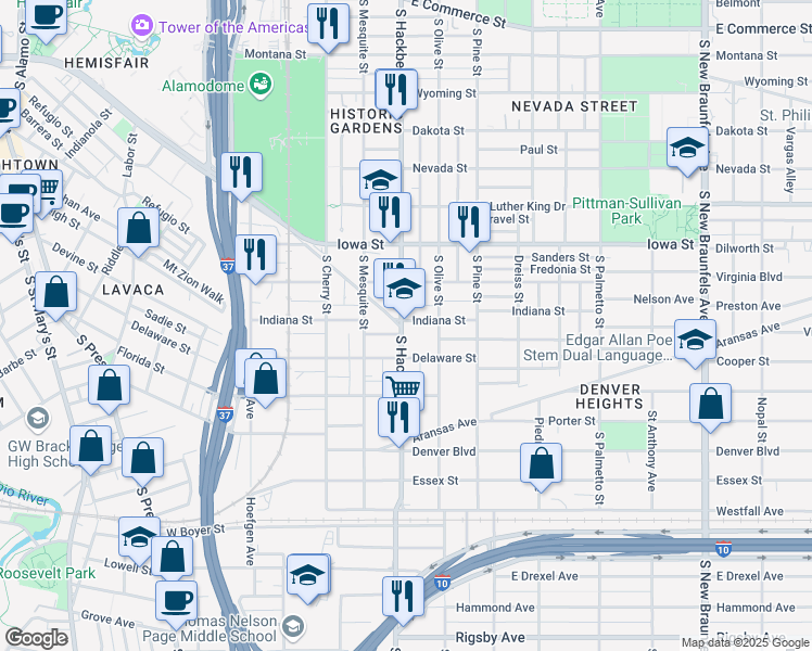 map of restaurants, bars, coffee shops, grocery stores, and more near 996 South Hackberry in San Antonio
