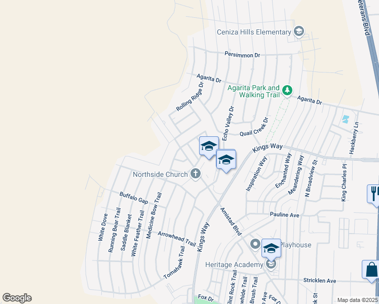 map of restaurants, bars, coffee shops, grocery stores, and more near 108 Whitewing Lane in Del Rio
