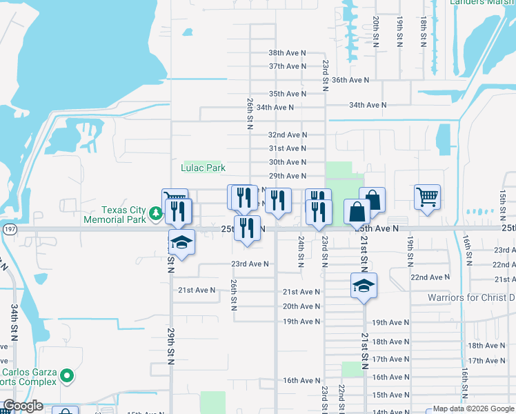 map of restaurants, bars, coffee shops, grocery stores, and more near 2525 27th Avenue North in Texas City
