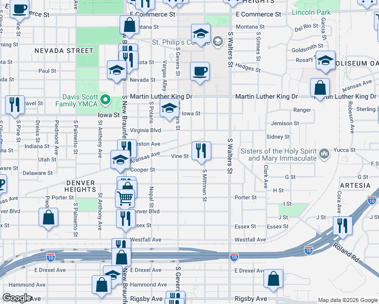 map of restaurants, bars, coffee shops, grocery stores, and more near 223 Vine Street in San Antonio