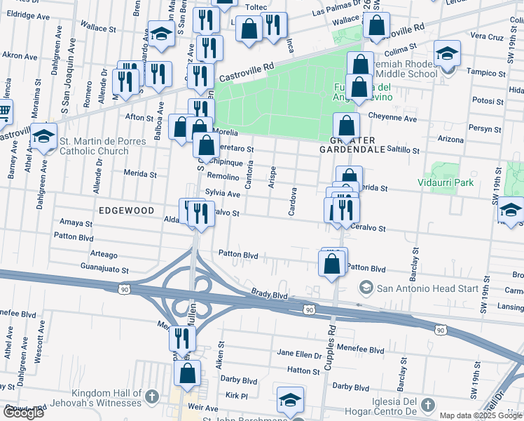 map of restaurants, bars, coffee shops, grocery stores, and more near 1716 Ceralvo Street in San Antonio